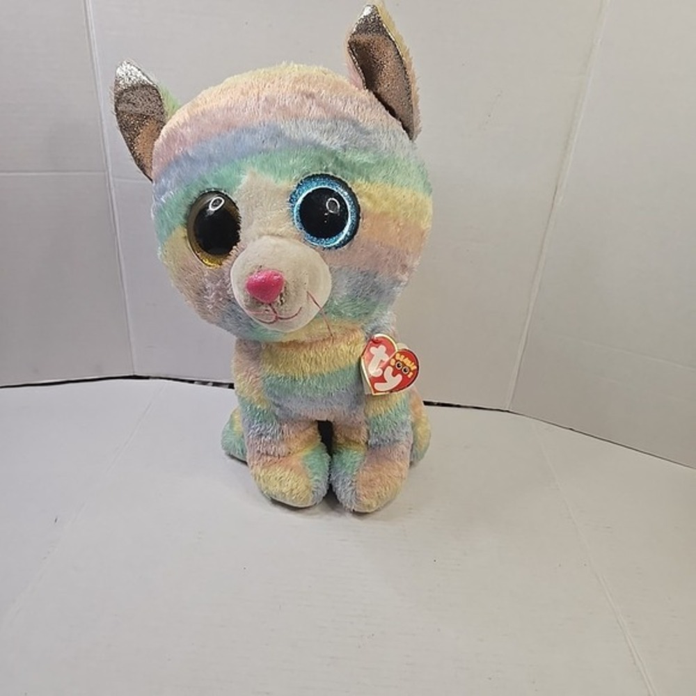 Ty Beanie Boos Heather Large Rainbow Cat Plush 17"2018 Blue Gold Glitter Eyes - Picture 11 of 16